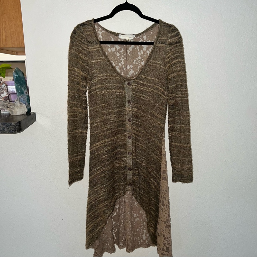A'Reve Brown Striped Knit Dress with Lace Detail